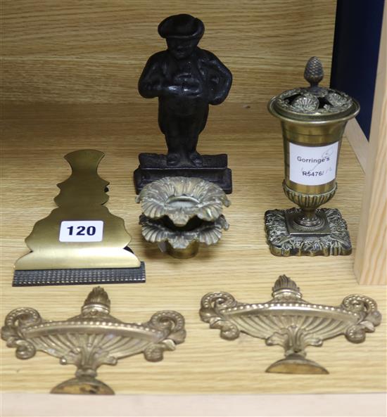 A Victorian brass paper clip, a Regency lidded brass censer, a pair of Vase appliques and 2 sconces (6)